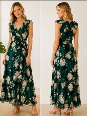 Japna Green Floral Wrap Maxi Dress with Cream Accents